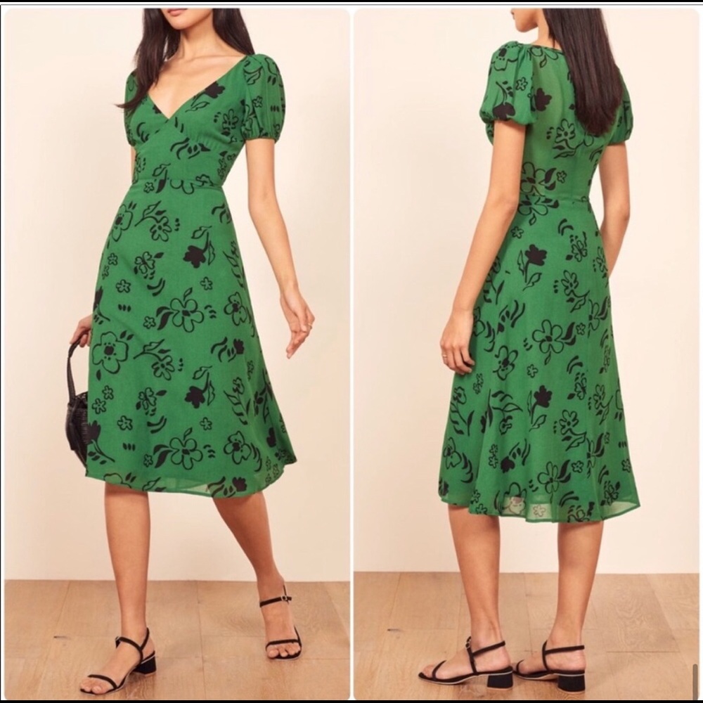 REFORMATION Kacey Carrie Green Floral Midi Dress